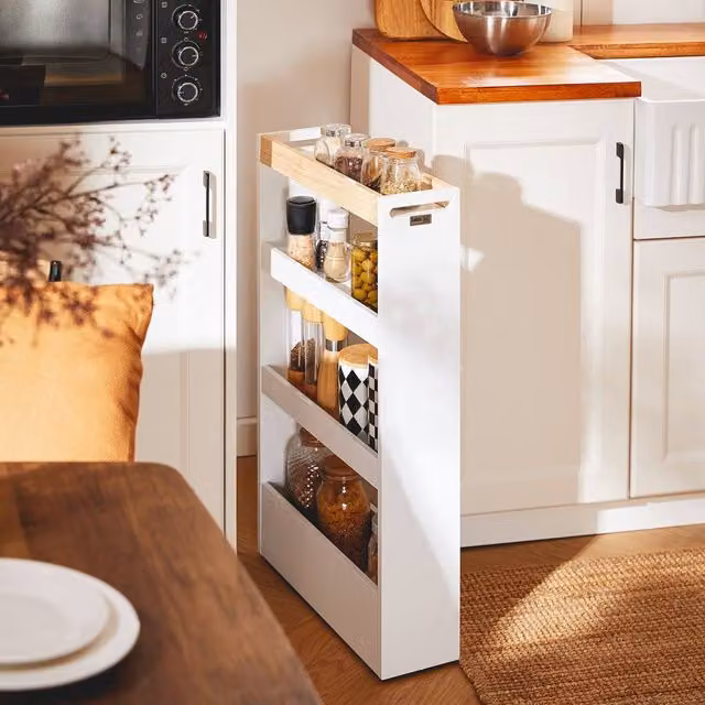 SoBuy Slim Freestanding Kitchen and Bathroom Trolley with Wood-Effect Top in White – 1