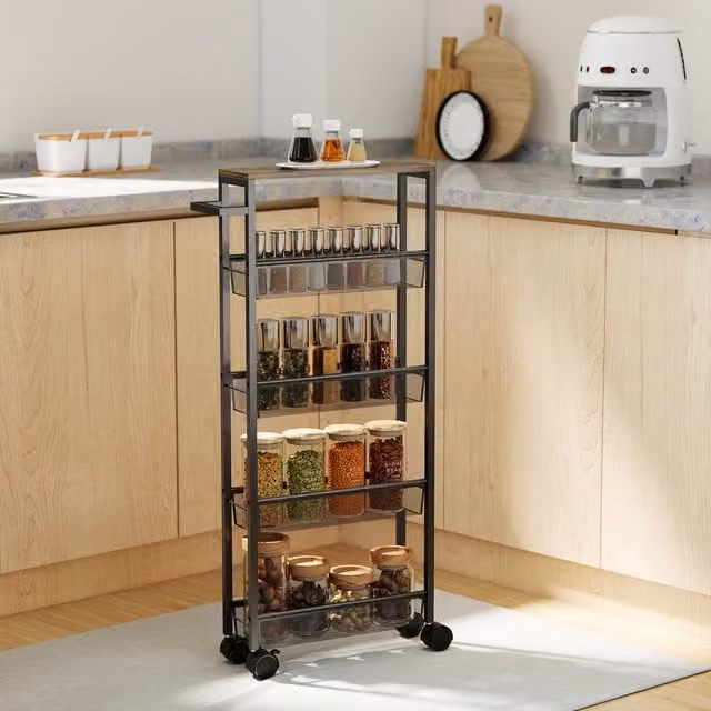 HOMCOM 5-Tier Slim Freestanding Storage Trolley with Wood-effect Top in Black