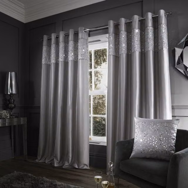 Catherine Lansfield Glitzy Grey and Silver Eyelet Curtains