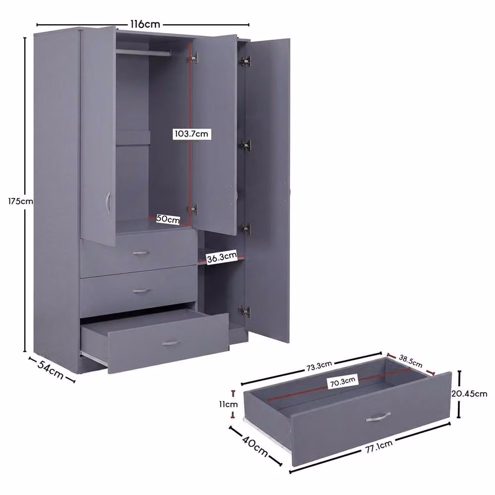 FORGEVIO Grey Modern Wide Wardrobe with Hinged Doors and Internal Drawers – 2