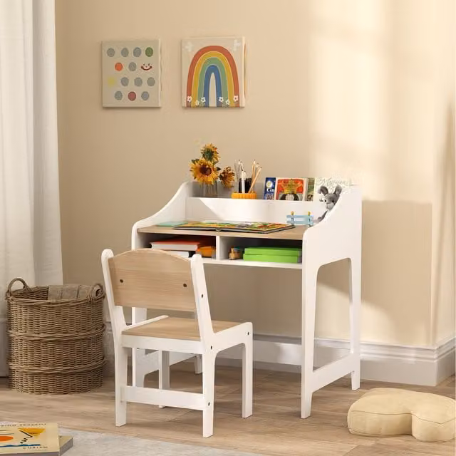 AIYAPLAY Kids Desk and Chair Set with Storage in Blue and White