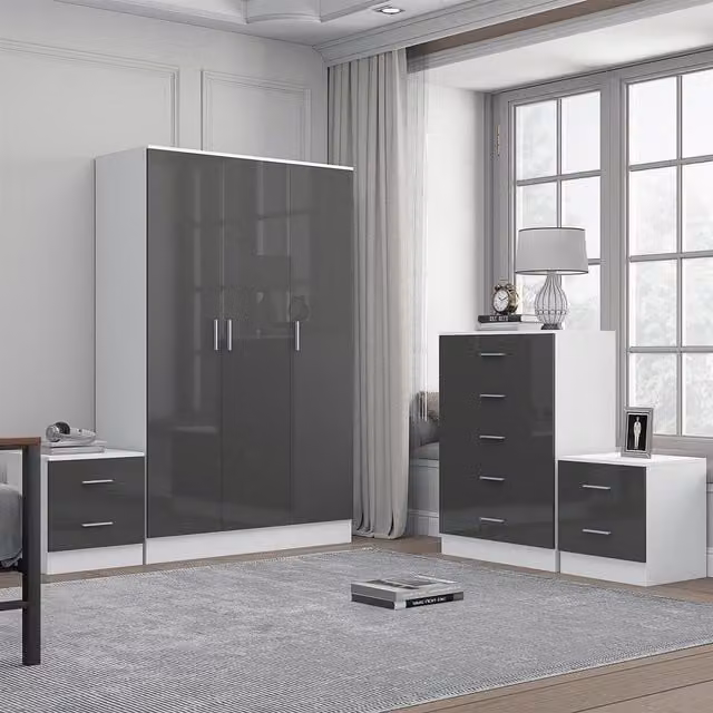 REFLECT Bedroom Furniture Bundle with 3-Door Plain Wardrobe, Chest of Drawers and 2 Bedside Tables in Grey Gloss and Matt White