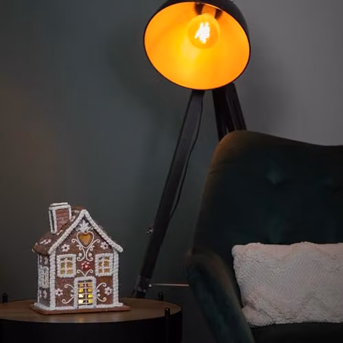 Samuel ALEXANDER Brown Ceramic Gingerbread House Christmas Chalet Decoration with LED Lights, H 24 cm x W 15 cm x D 15 cm – 2