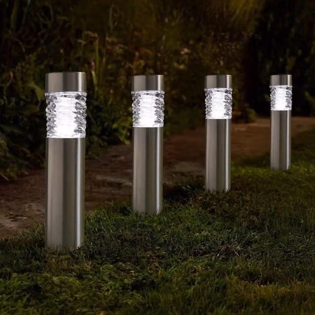 Marco Paul 4-Piece Solar Bollard Stake Garden Lights in Metallic Silver