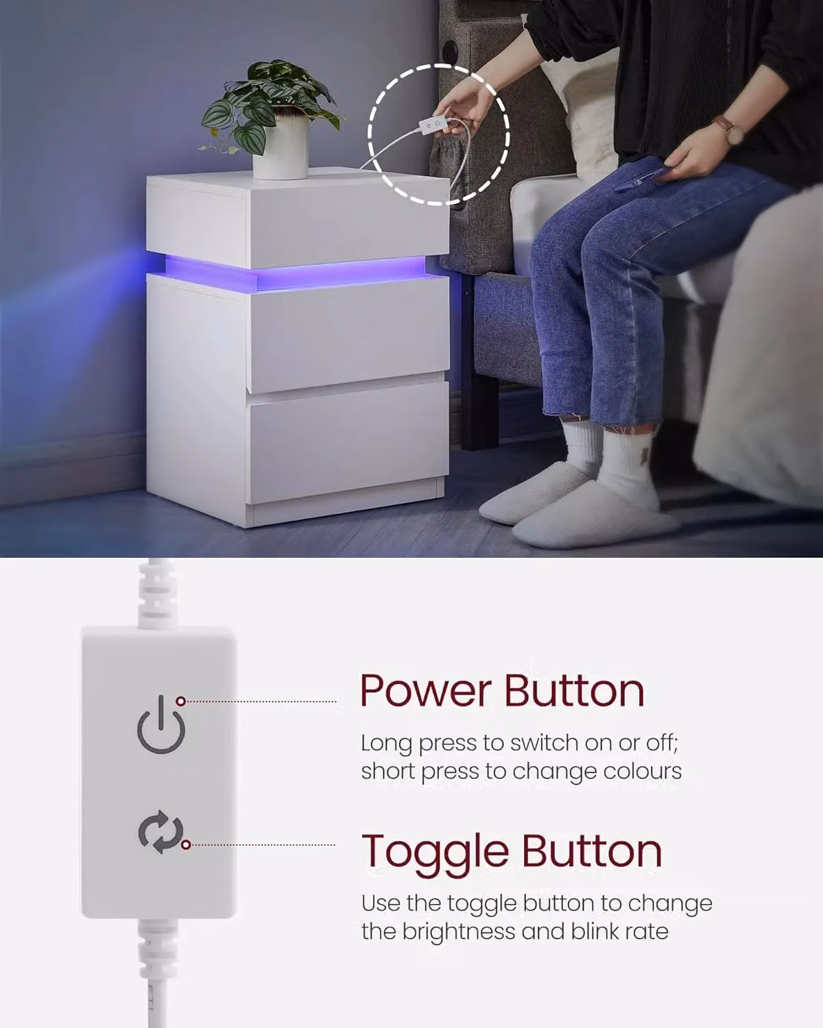 VASAGLE Modern White Bedside Table with 3 Drawers and Integrated LED Lighting – 3