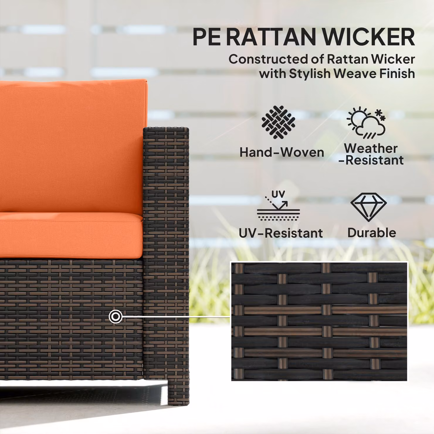 Outsunny 3 Seater Rattan Sofa with Orange Fire Resistant Cushions and Powder Coated Steel Frame – 4