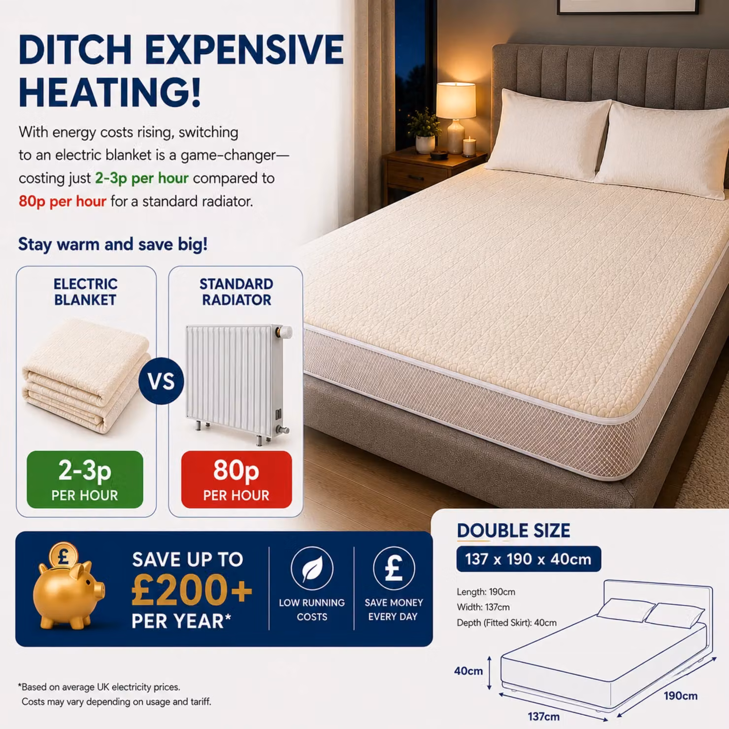 MYLEK White Fleece Electric Heated Fitted Mattress Cover, Double Bed Size, 140 x 200 cm – 5