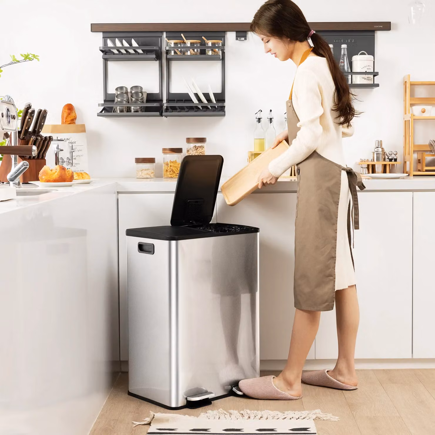 Costway 60L Dual Bin Trash Can with 2 x 30L Classified Compartments and Deodoriser in Silver Stainless Steel – 5