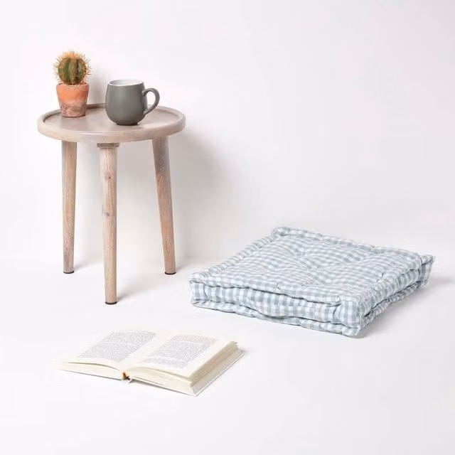 Homescapes Blue Cotton Gingham Check Square Floor Cushion, W/D/H: 50 x 50 x 50 cm