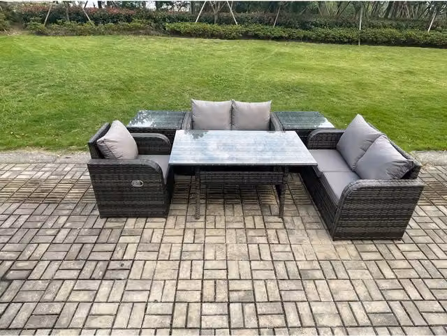 Fimous 5-Seat Reclining Rattan Dining Set with 2 Side Tables in Dark Grey Mixed