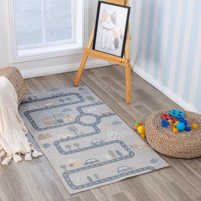 Livabliss Lilian Washable Kids Rug in Beige, Grey, Orange and Blue, W: 160 cm, D: 215 cm