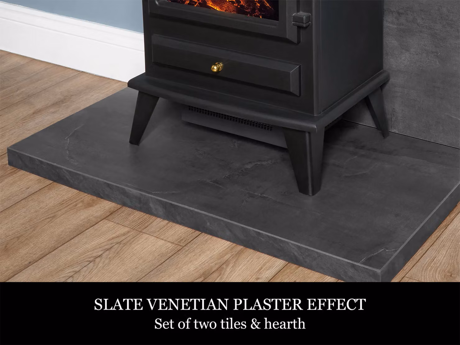 Acantha Fires & Fireplaces Tile and Hearth Set in Black Slate Venetian Plaster Effect with Hudson Stove and Angled Pipe – 3