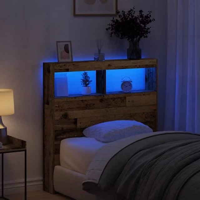Berkfield Home Modern Headboard Cabinet in Brown with LED Lighting, Integrated Shelf and USB Charging Port, W/D/H: 100 x 17 x 102 cm