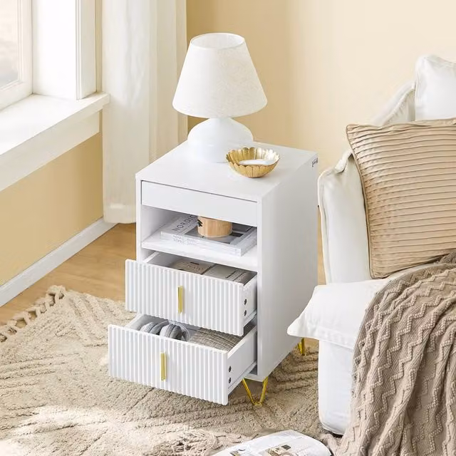 SoBuy Modern 3-Drawer Nightstand with Striped Front and Gold Legs in White, W/D/H: 40 x 40 x 63 cm