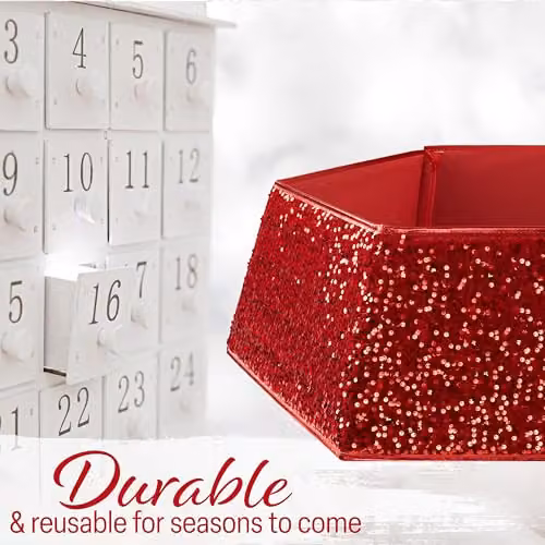 Deco Express Red Sequin Christmas Tree Skirt, Hexagon Tabletop Decor, W: 68 cm, D: 25 cm – 5