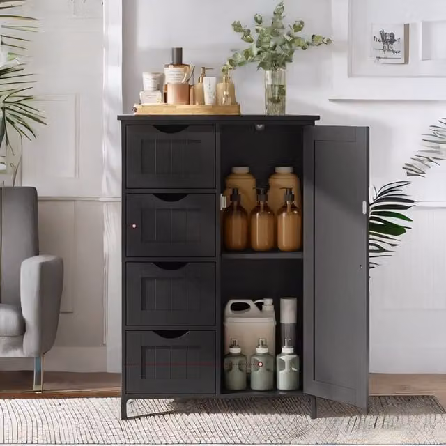 Rafaelo Mobilia Industrial Kitchen Baker's Rack with Storage Shelves and Cabinet in Black