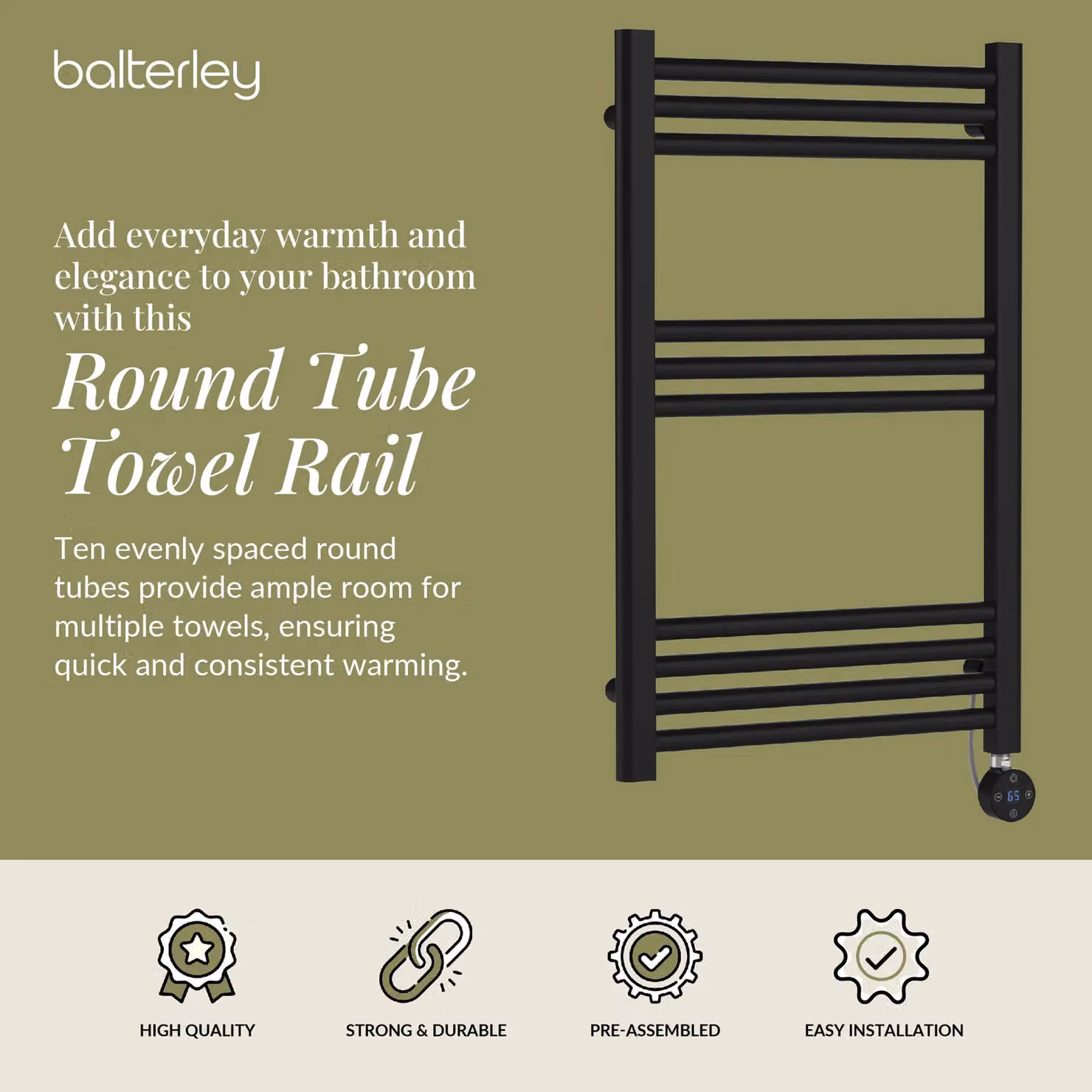 Balterley Electric Round Towel Rail, Matt Black, W: 80 cm, H: 50 cm, D: 8 cm – 2