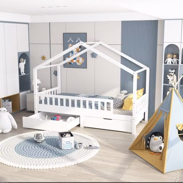 HMD Furniture Solid Wood Children House Bed Frame with 2 Storage Drawers, White, W/D/H: 90 x 190 x 152 cm