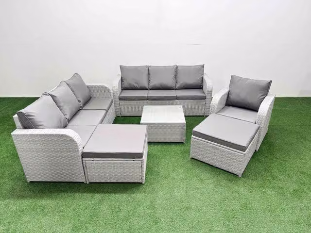 Fimous 9 Seater Poly Rattan Garden Furniture Set in Grey with L-Shape Sofas, Reclining Chairs, Ottomans and Coffee Table