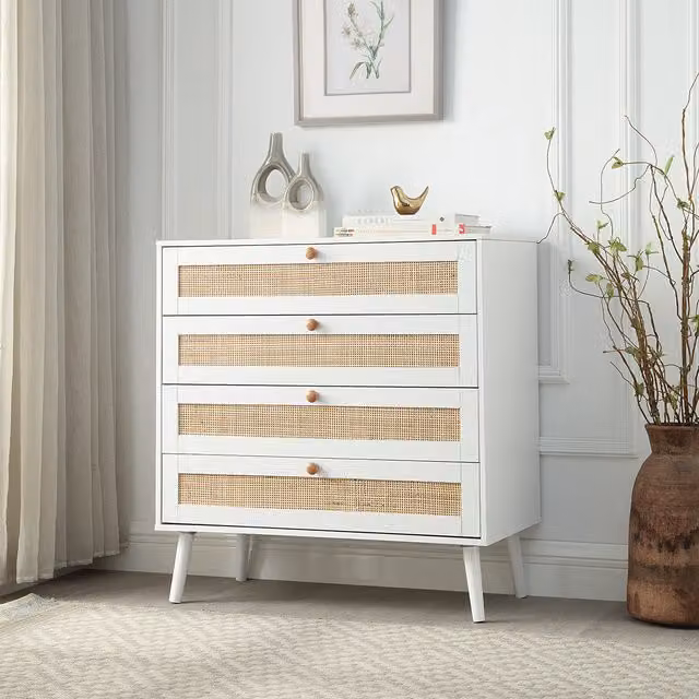 Home Treats 4 Piece Rattan and Wood Bedroom Furniture Set in White