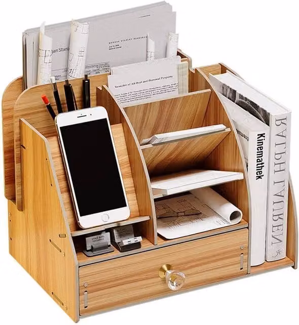 Kelvenix Wooden Tabletop Pencil Storage Holder Organizer in Brown, W/D/H: 24.4 x 19.3 x 16.3 cm