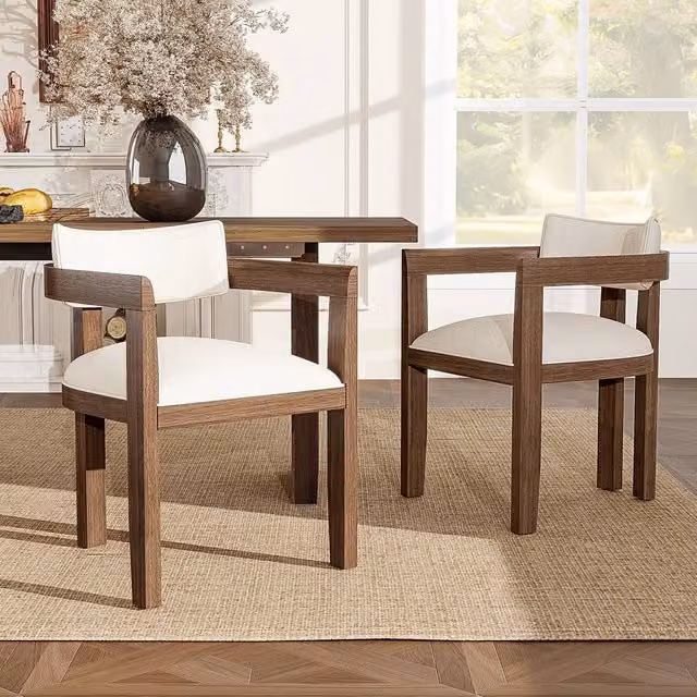 BTM Set of 2 Modern Solid Oak Wood Dining Chairs with Textured Linen Upholstery in Brown, Beige or White