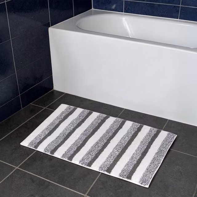 Showerdrape Milton Maritime Striped Cotton Bath Mat in Grey and Blue, W/D: 80 x 80 cm – 1