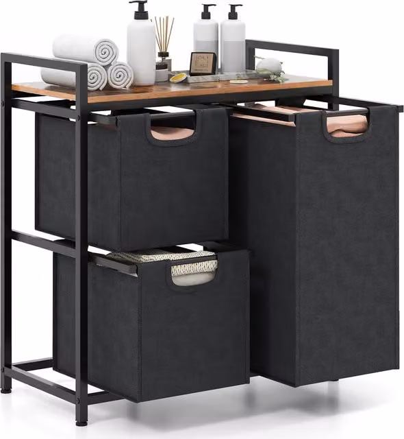 Costway Freestanding Laundry Hamper with 3 Fabric Baskets in Black