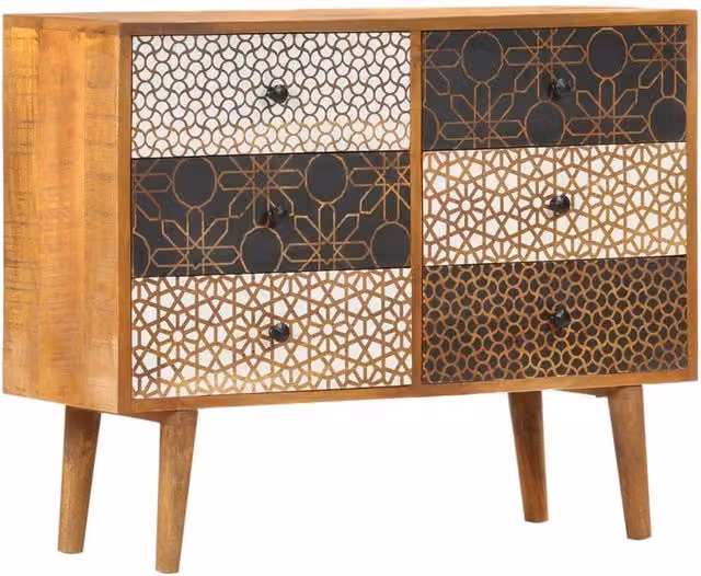 Berkfield Home Mid-Century Geometric Pattern Sideboard in Brown Solid Mango Wood W/D/H: 90 x 30 x 70 cm