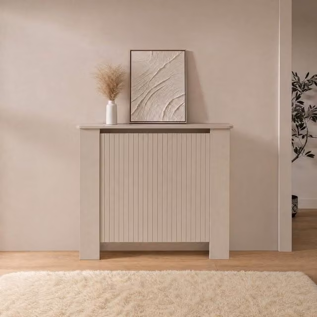OHS Ribbed Medium Radiator Cover in Stone Beige Slatted Engineered Wood – 1