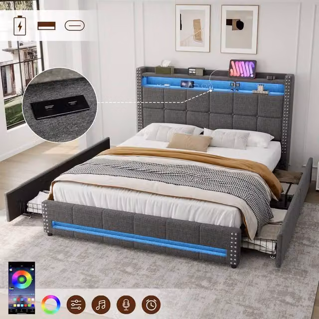 ModernLuxe Grey Upholstered Double Bed with 4 Drawers, LED Headboard, USB Charging Port and Bedside Shelf (W/D/H: 135 x 190 x 300 cm) – 1