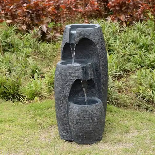 Teamson Home Modern 3-Tier Cascading Urn Outdoor Water Feature with LED Lights, Black – 2