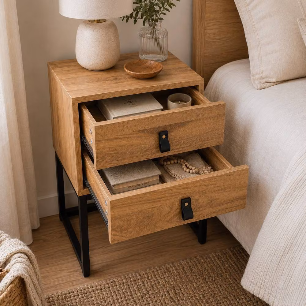 CALICOSY JILL Bedside Table with 2 Drawers and Metal Legs in Light Brown Oak Effect, W: 45.0 cm, D: 29.0 cm, H: 65.5 cm – 4