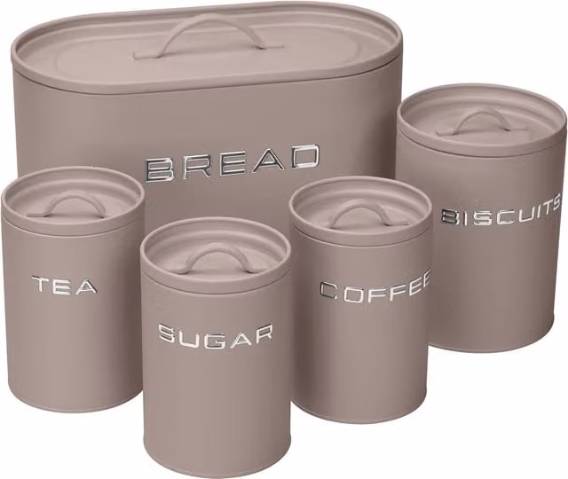 Simpa 5-Piece Metal Kitchen Storage Set in Matte Beige including Bread Bin, Biscuit Tin and Canisters