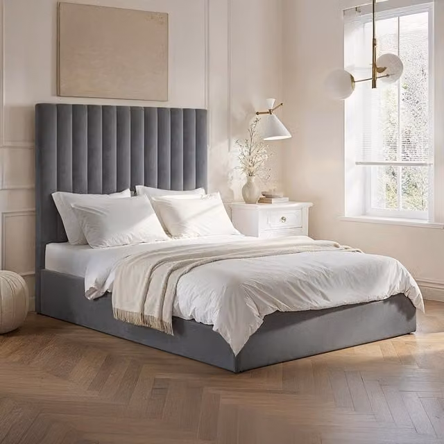Everley Upholstered Fabric Ottoman Bed Double, Grey, W/D/H: 140 x 200 cm
