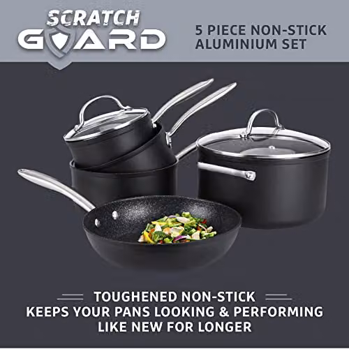 Prestige 5-Piece Non-Stick Aluminium Cookware Set with Stockpot, Saucepan, Frying Pan and Lids in Black – 2