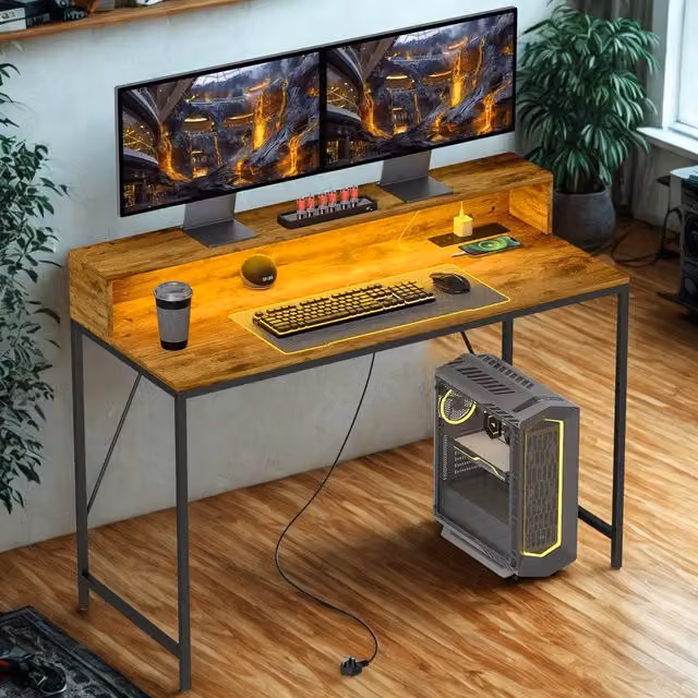 Furnold Industrial Computer Desk with USB Outlets and LED Lights, Brown, W: 120 cm, D: 50 cm, H: 76 cm