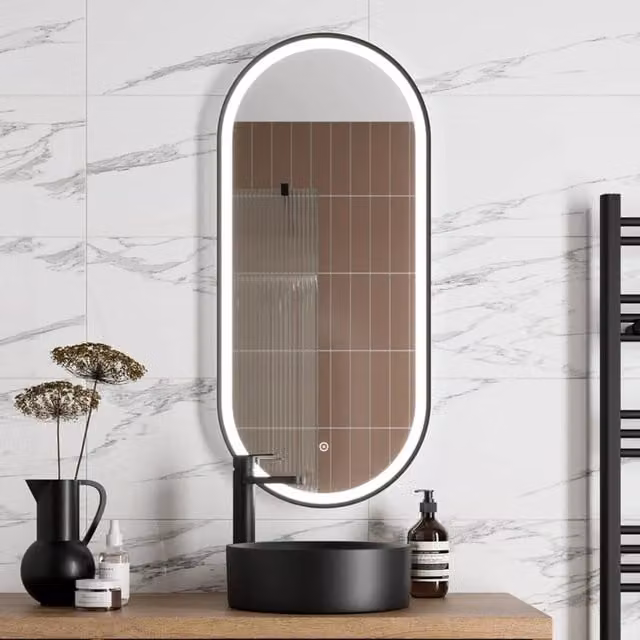 Bathwell Oval LED Mirror with Demister and Touch Switch in Matt Black, W: 45 cm, H: 100 cm
