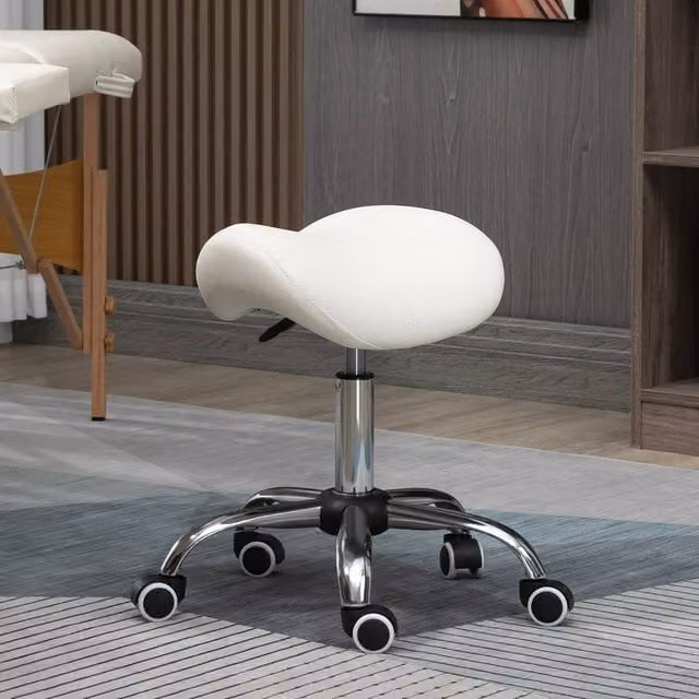 Kelvenix PU Leather Saddle Stool in White with Moulded Padded Seat and Castors, Height: 61 cm, Width: 60 cm, Depth: 60 cm