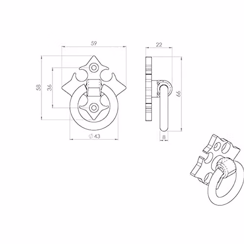 Loops 4 Pack Ornate Cabinet Ring Pull on Cross Backplate in Black Antique Matt, 35mm Fixing Centres – 3