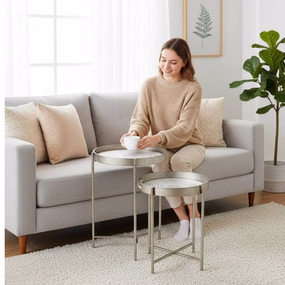 Minster Stylish Living Ltd Set of 2 Round Nested Tables with Silver Metallic Frame and Composite Tops – 5