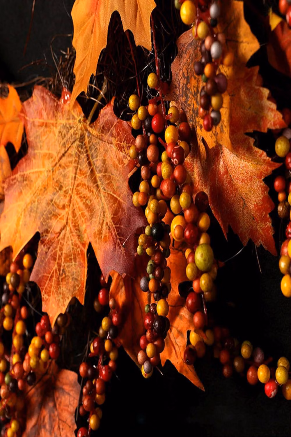 Garden Sanctuary Orange Rattan Maple Leaves and Berries Lighted Autumn Wreath – 6