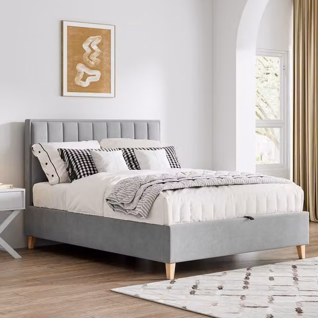 Bedmaster Rhodes Grey Velvet Double Storage Ottoman Bed with Lift Up Base