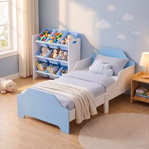 Liberty House Toys Two Tone Toddler Bed and 9 Bin Storage Unit Set in White and Blue, Solid Wood Children's Bedroom Furniture Set – 1