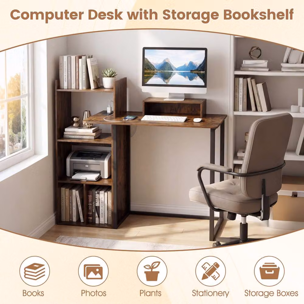 Costway Brown Computer Study Desk with Monitor Stand and Charging Station, Width: 110 cm – 7