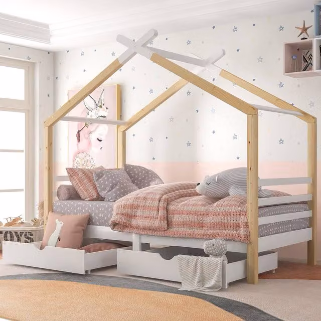 ModernLuxe Kids Single Bed Frame with 2 Drawers and House Design in Sand and White