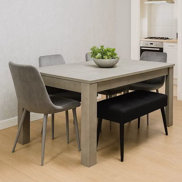 Kosy Koala Modern Rectangular Dining Set with Table, 4 Chairs and Bench in Grey Stone Effect Wood
