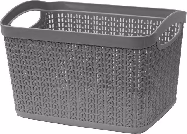 JVL Knit Design Loop Plastic Rectangular Small Storage Basket with Handles, Grey, W: 20 cm, D: 26 cm, H: 17 cm, 6.6 L