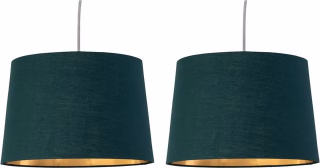 First Choice Lighting Zoey Set of 2 Easy Fit Cylinder Pendant Lamp Shades in Green and Gold Fabric
