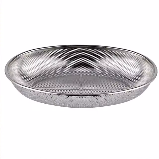 KDMK Oval Stainless Steel Kitchen Colander Strainer Tray Basket, Silver, W: 31 cm, D: 22 cm, H: 5.5 cm